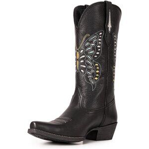 Women Black Butterfly Western Mid Calf Embroidered Full Cowhide Leather Boot